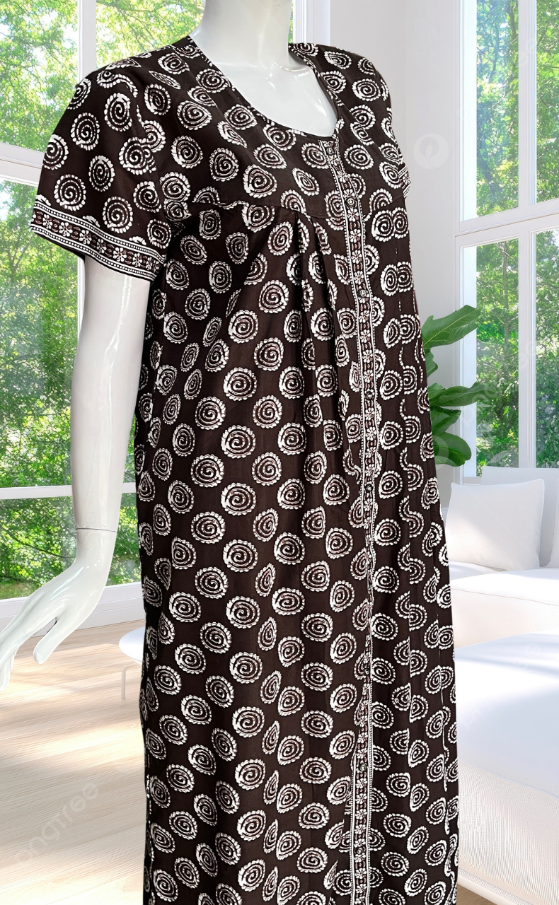 Brown Abstract Full Open Pure Cotton Nighty. Pure Cotton | Laces and Frills