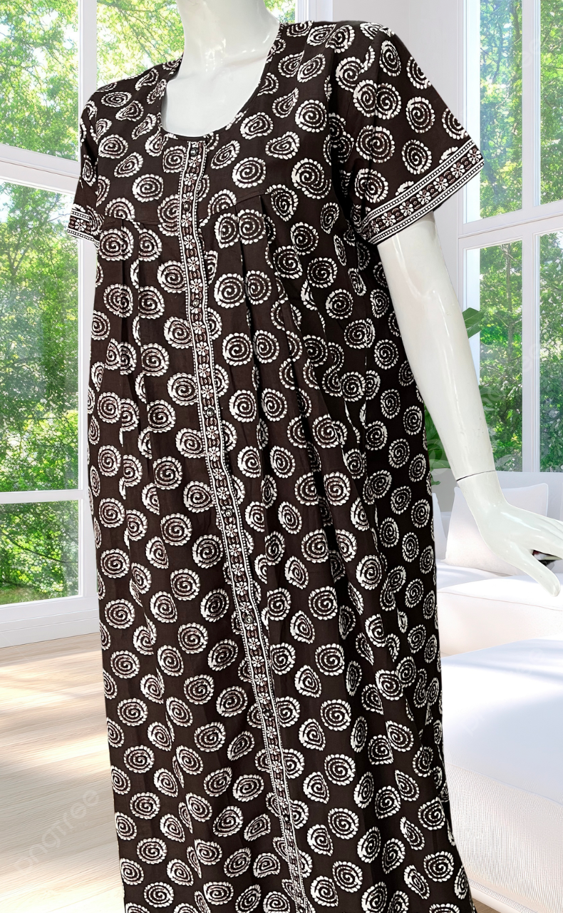 Brown Abstract Full Open Pure Cotton Nighty. Pure Cotton | Laces and Frills