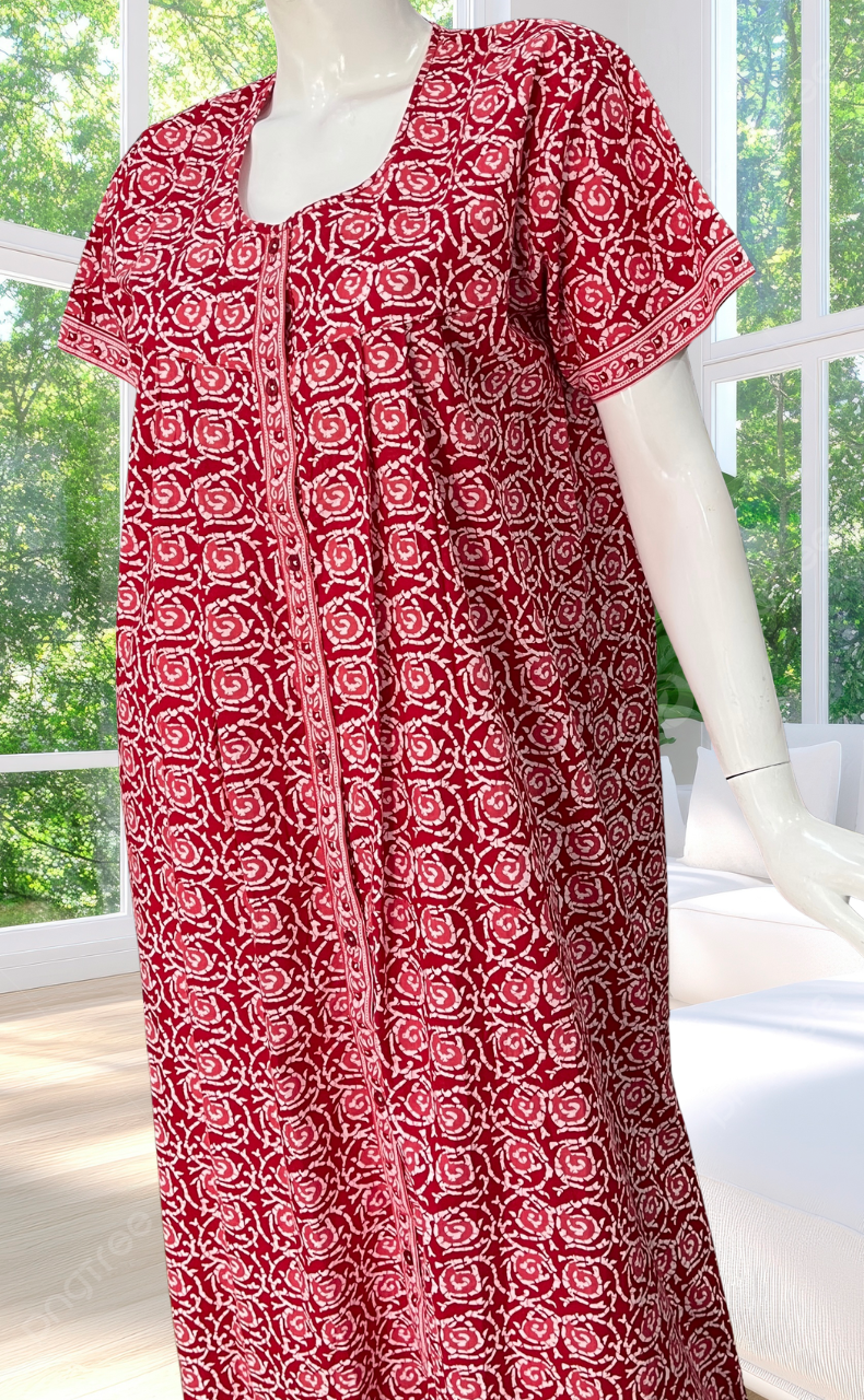 Red Garden Full Open Pure Cotton Nighty. Pure Cotton | Laces and Frills