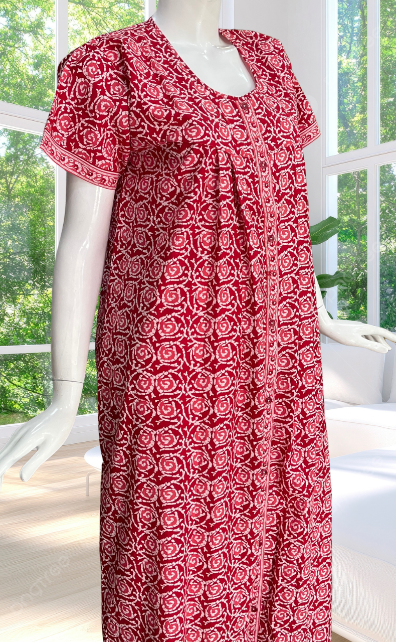 Red Garden Full Open Pure Cotton Nighty. Pure Cotton | Laces and Frills