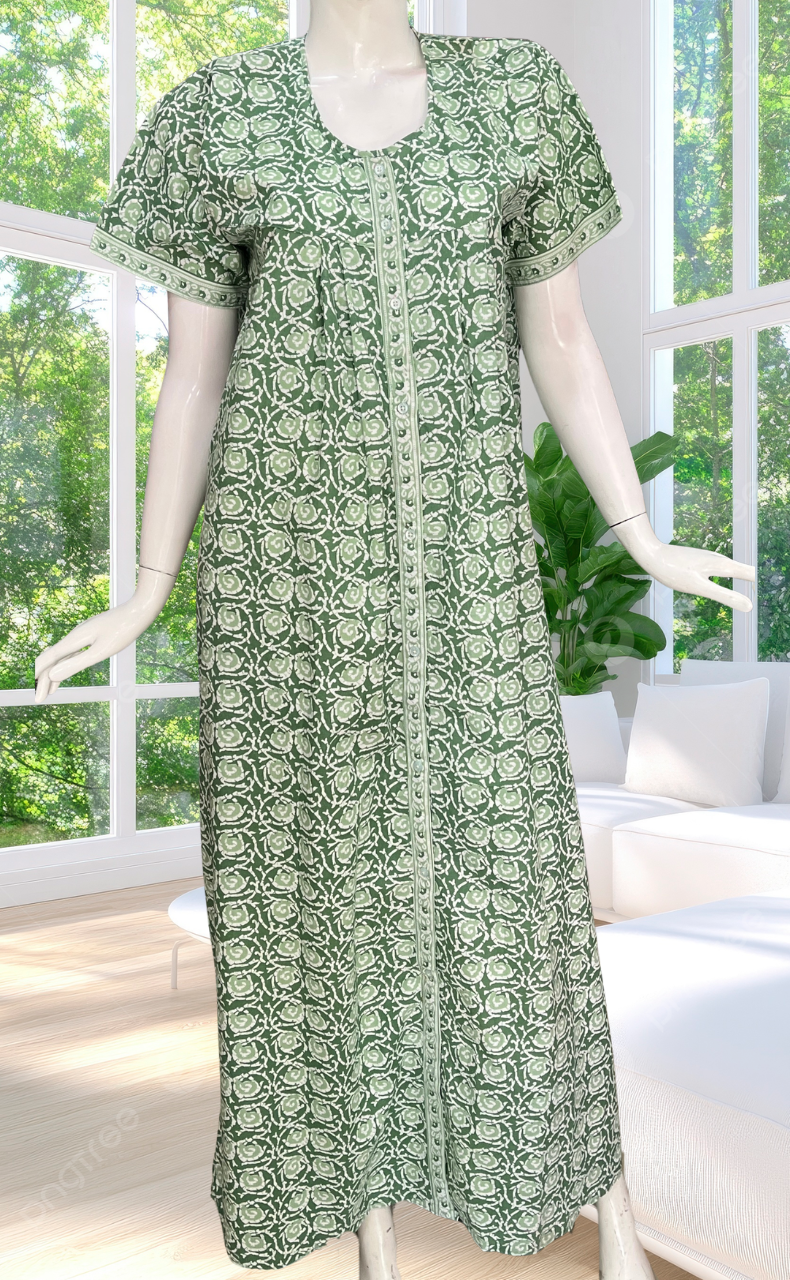 Pista Green Garden Full Open Pure Cotton Nighty. Pure Cotton | Laces and Frills