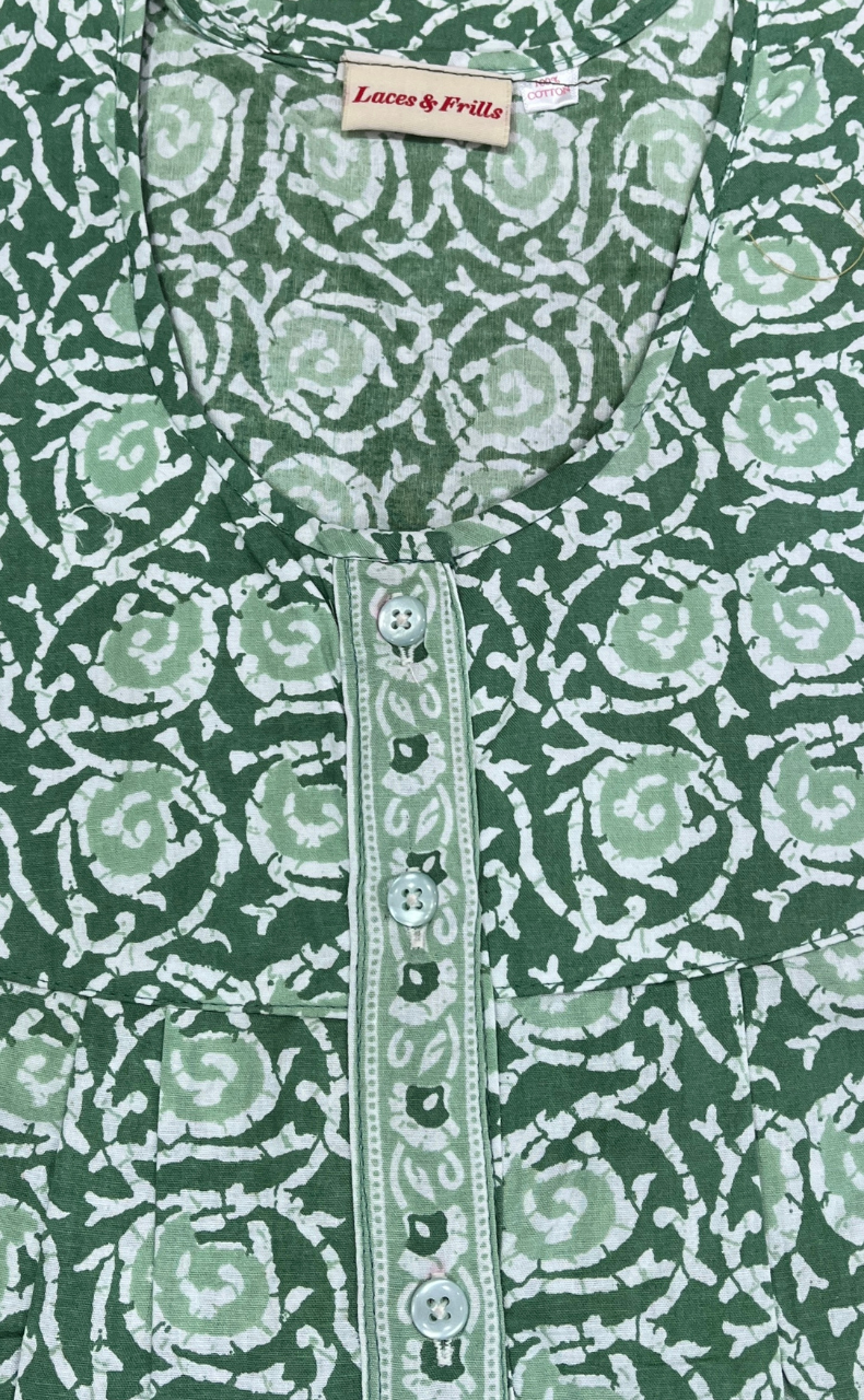 Pista Green Garden Full Open Pure Cotton Nighty. Pure Cotton | Laces and Frills