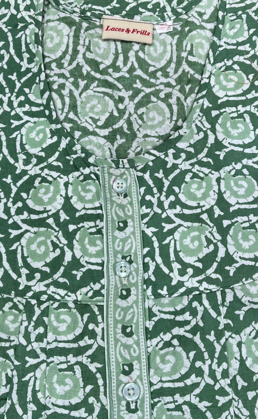 Pista Green Garden Full Open Pure Cotton Nighty. Pure Cotton | Laces and Frills