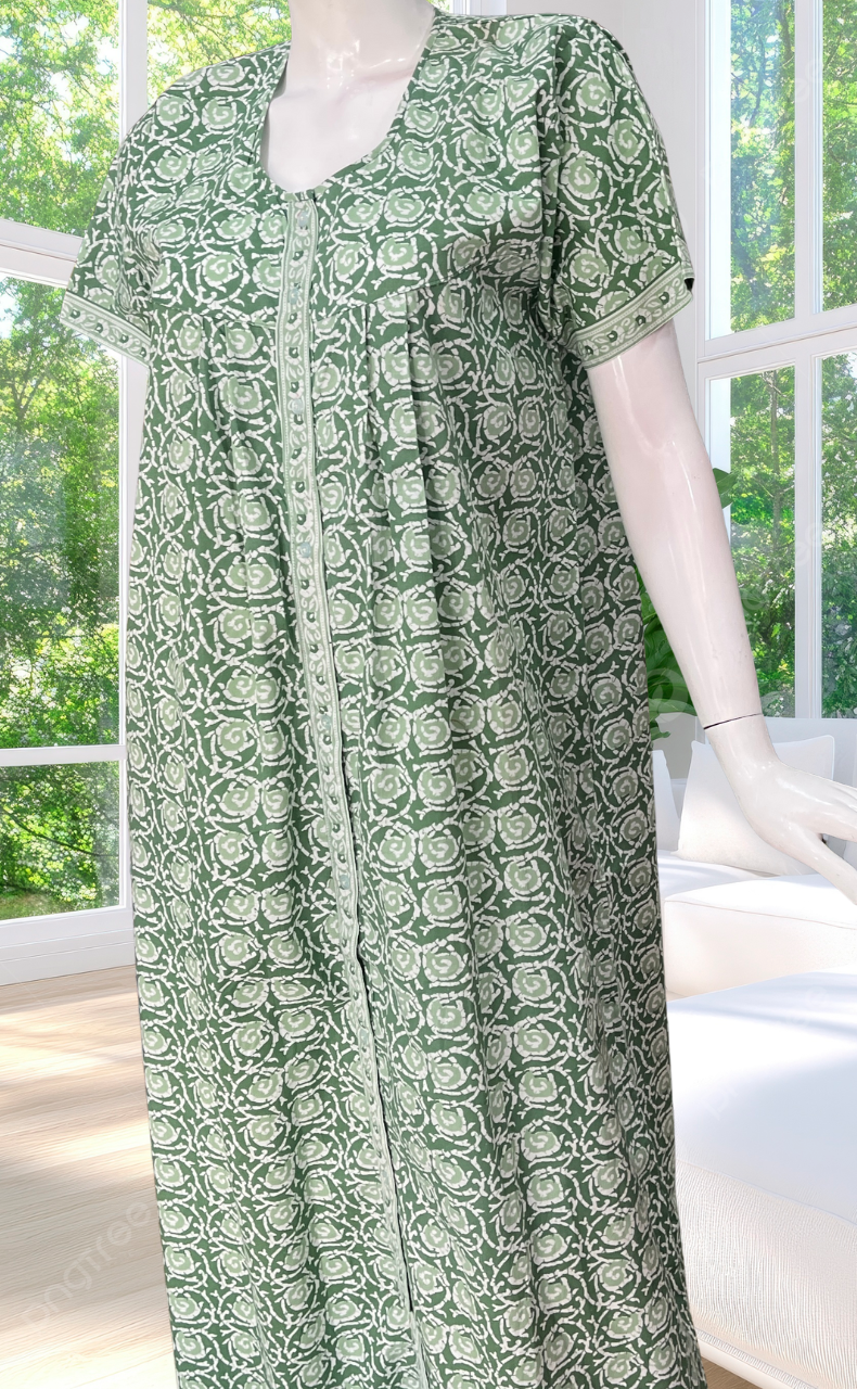 Pista Green Garden Full Open Pure Cotton Nighty. Pure Cotton | Laces and Frills
