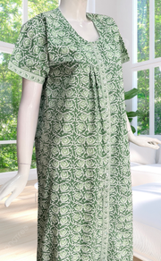 Pista Green Garden Full Open Pure Cotton Nighty. Pure Cotton | Laces and Frills