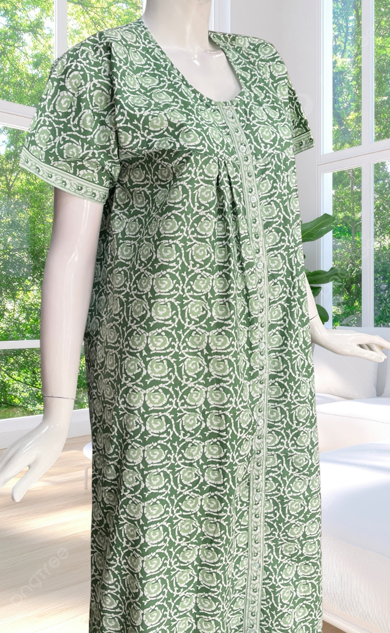 Pista Green Garden Full Open Pure Cotton Nighty. Pure Cotton | Laces and Frills