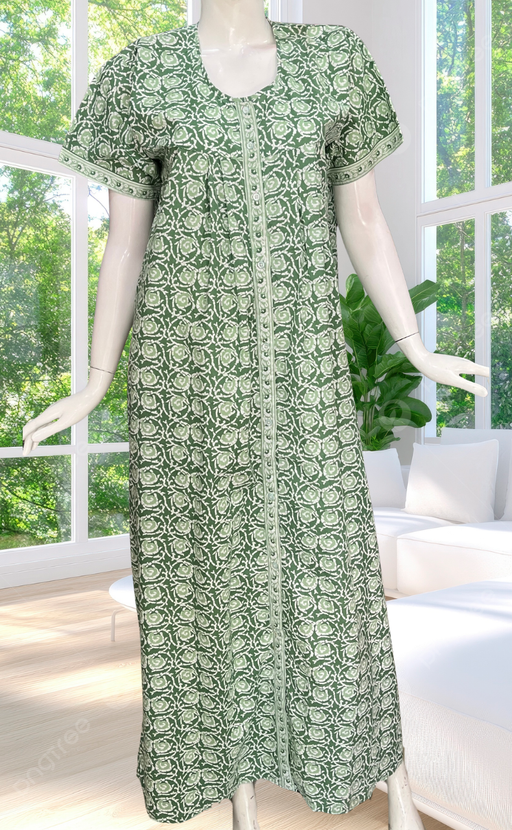 Pista Green Garden Full Open Pure Cotton Nighty. Pure Cotton | Laces and Frills