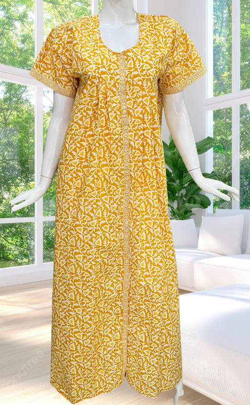 Yellow Floral Full Open Pure Cotton Nighty. Pure Cotton | Laces and Frills