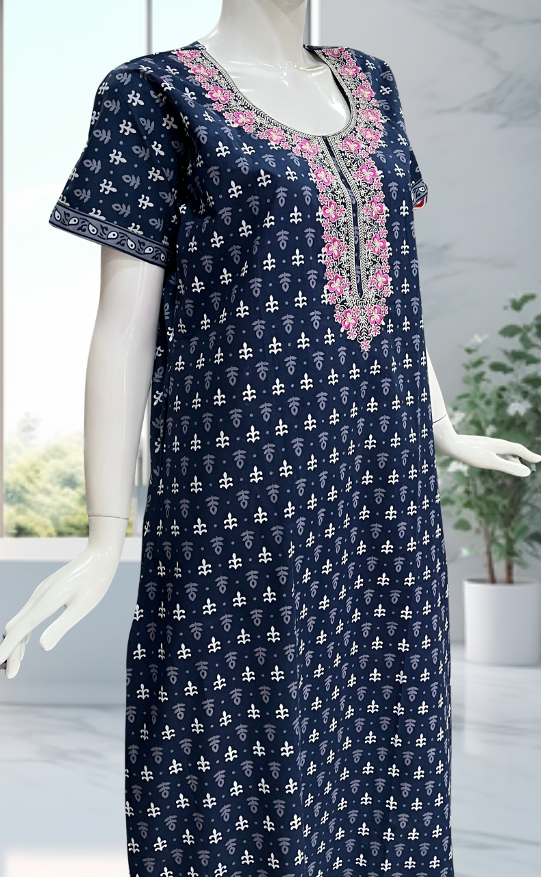 Blue Leafy Pure Cotton Nighty. Pure Durable Cotton | Laces and Frills