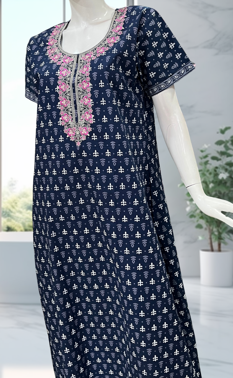 Blue Leafy Pure Cotton Nighty. Pure Durable Cotton | Laces and Frills