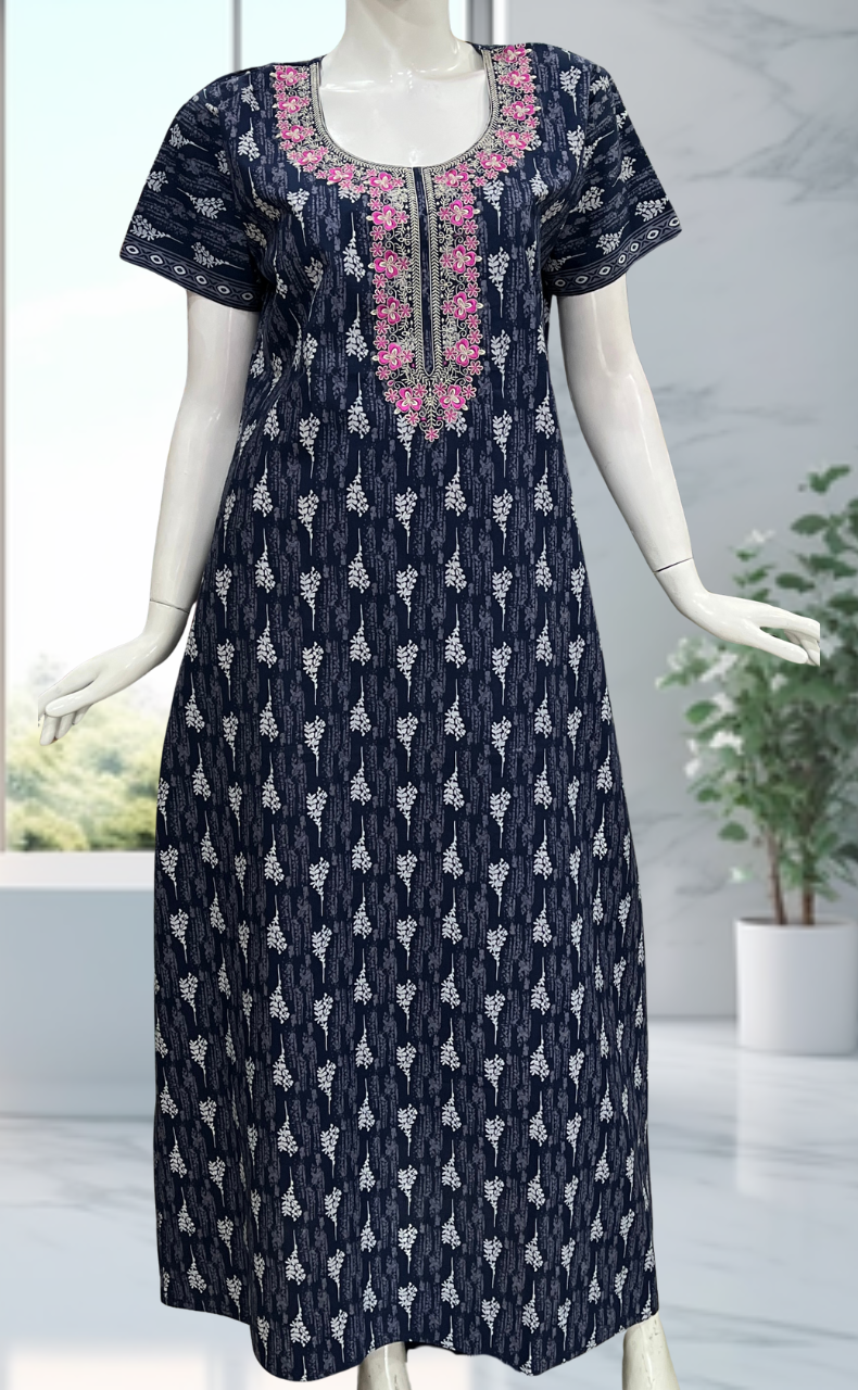 Blue Leaves Pure Cotton Nighty. Pure Durable Cotton | Laces and Frills