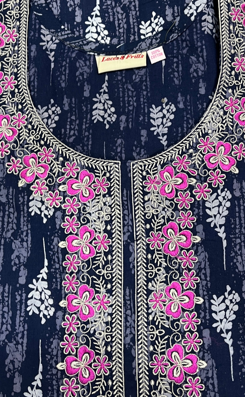 Blue Leaves Pure Cotton Nighty. Pure Durable Cotton | Laces and Frills