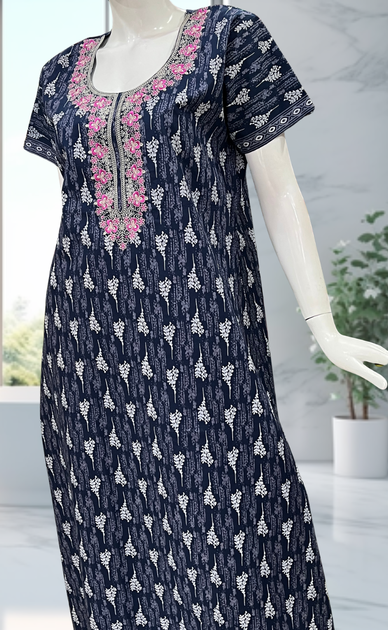 Blue Leaves Pure Cotton Nighty. Pure Durable Cotton | Laces and Frills