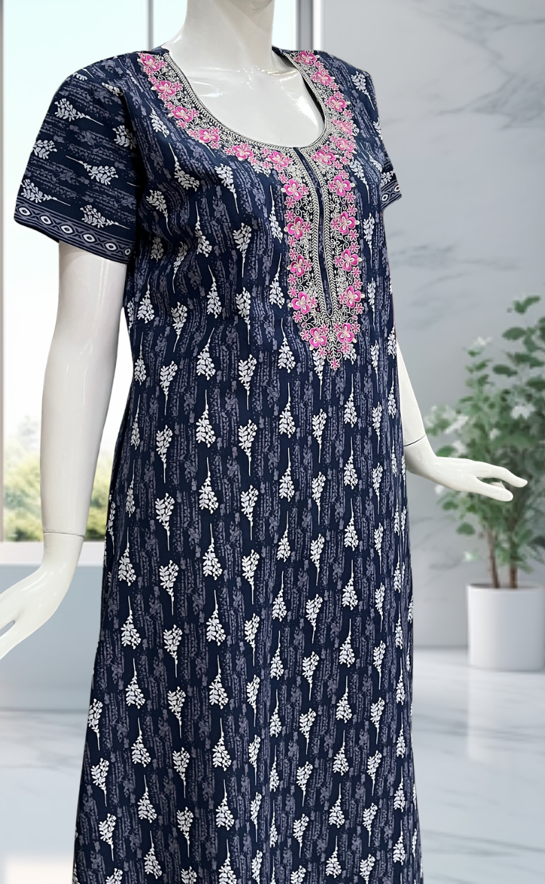 Blue Leaves Pure Cotton Nighty. Pure Durable Cotton | Laces and Frills