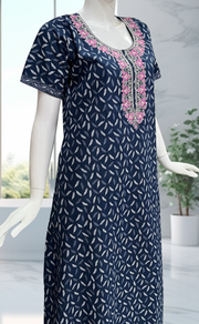 Blue Leaves Pure Cotton Nighty. Pure Durable Cotton | Laces and Frills