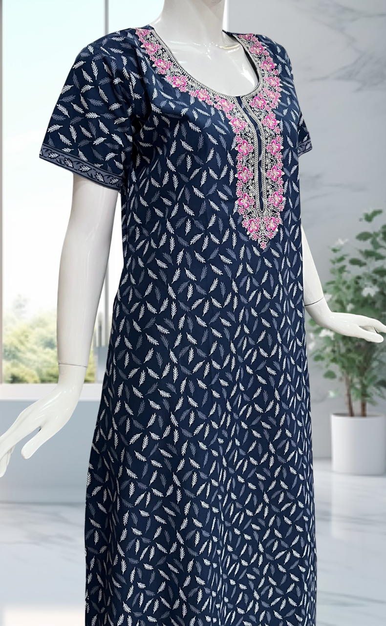 Blue Leaves Pure Cotton Nighty. Pure Durable Cotton | Laces and Frills