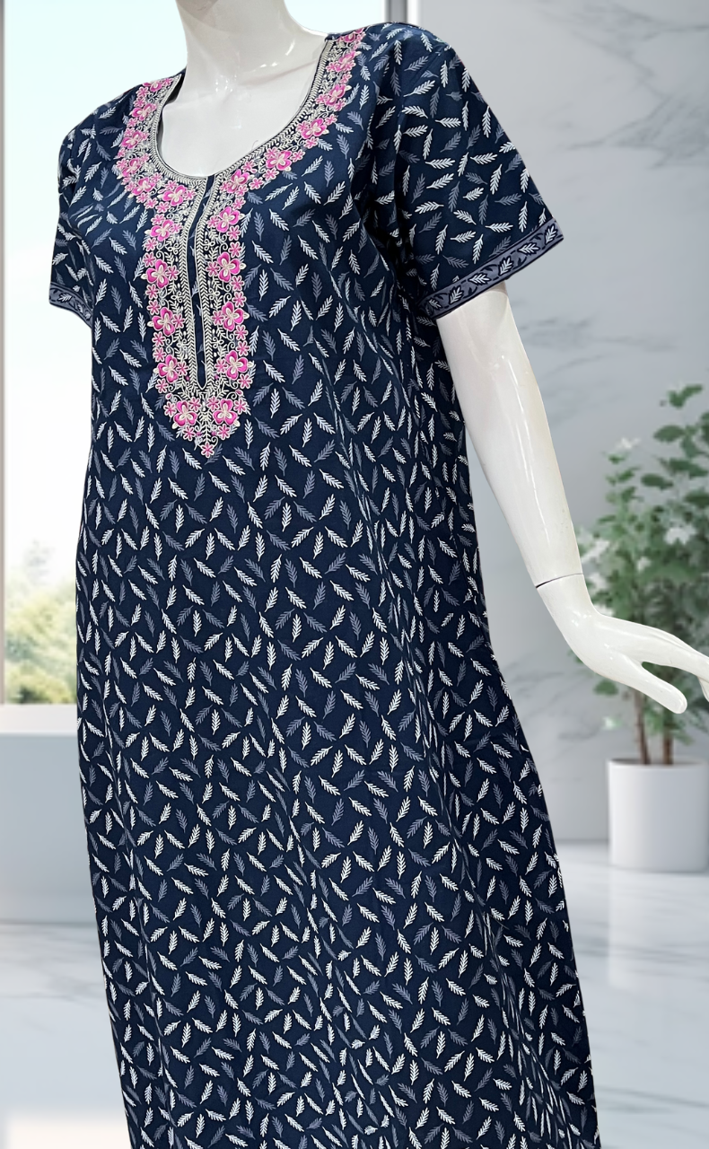 Blue Leaves Pure Cotton Nighty. Pure Durable Cotton | Laces and Frills