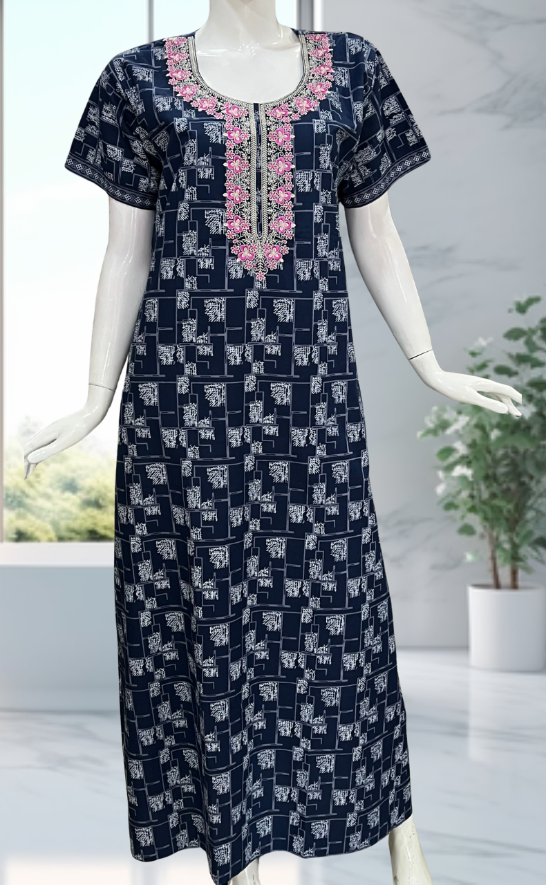Blue Abstract Pure Cotton Nighty. Pure Durable Cotton | Laces and Frills