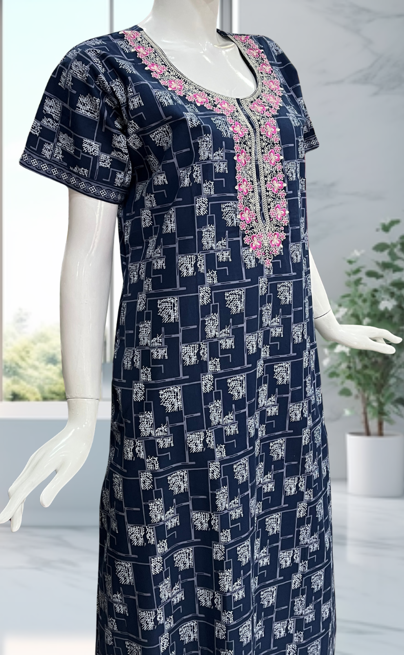 Blue Abstract Pure Cotton Nighty. Pure Durable Cotton | Laces and Frills