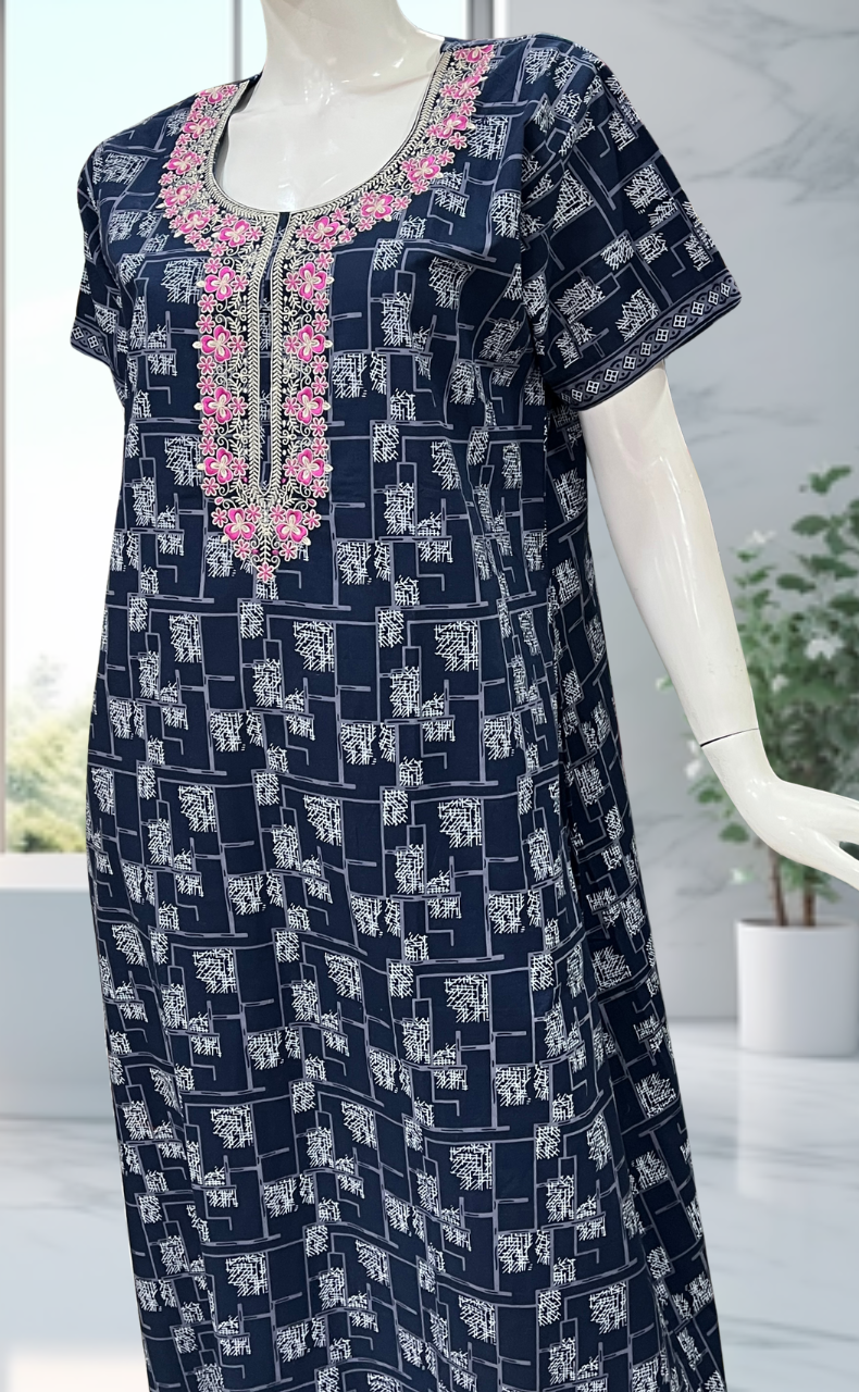 Blue Abstract Pure Cotton Nighty. Pure Durable Cotton | Laces and Frills