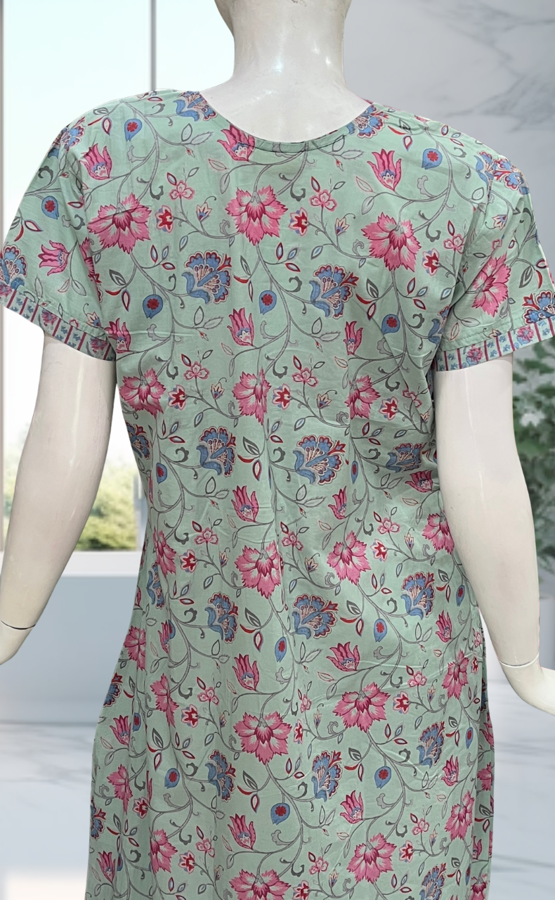 Pista Green Garden Pure Cotton Nighty. Pure Durable Cotton | Laces and Frills