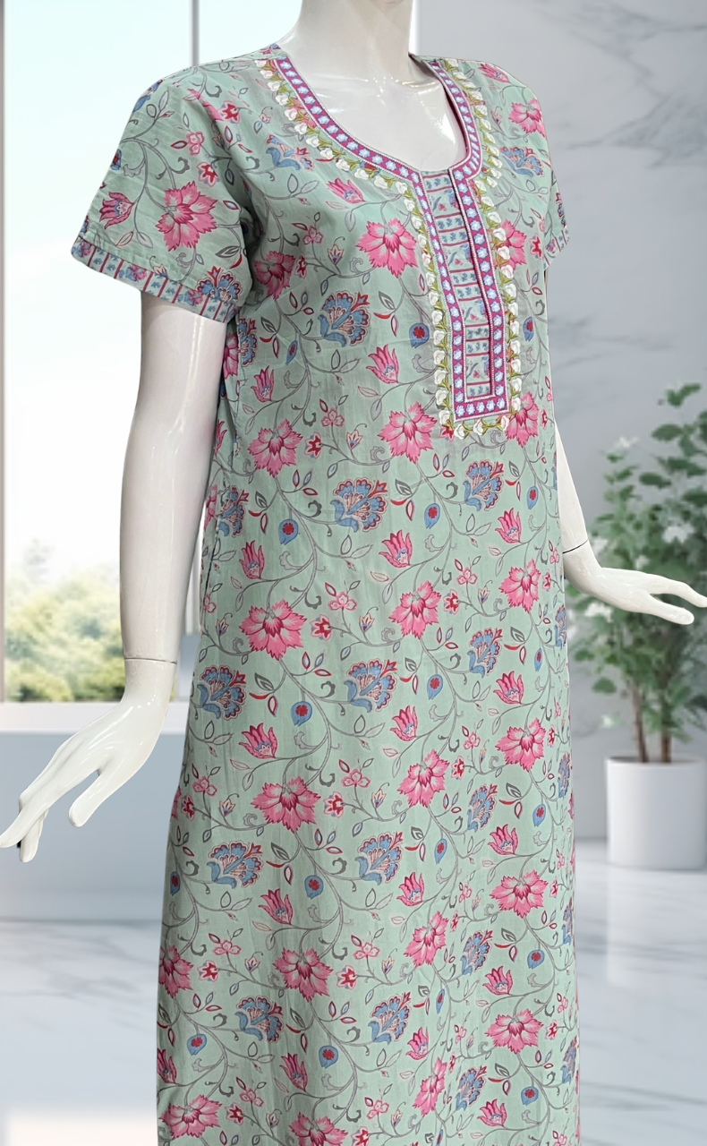 Pista Green Garden Pure Cotton Nighty. Pure Durable Cotton | Laces and Frills