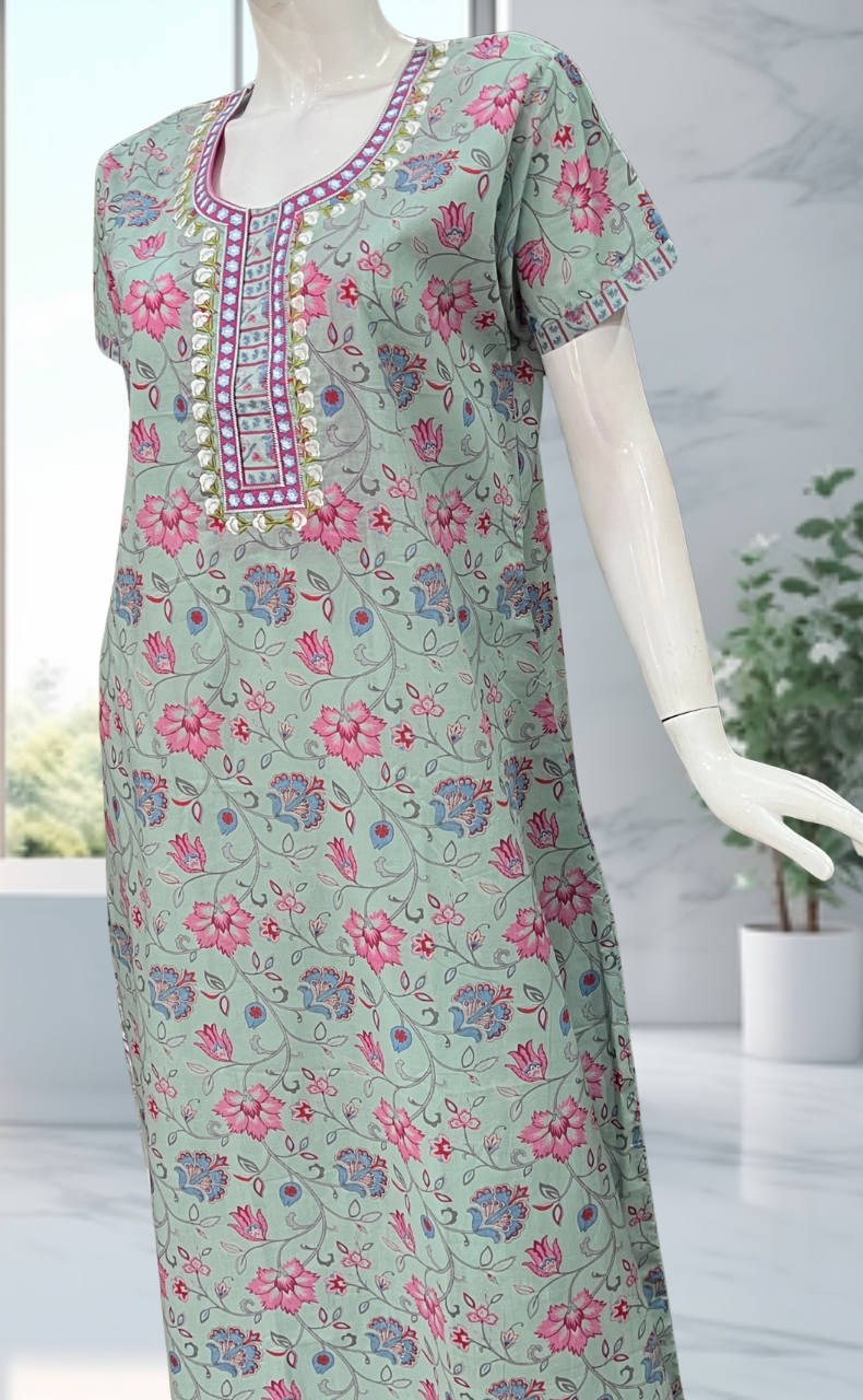 Pista Green Garden Pure Cotton Nighty. Pure Durable Cotton | Laces and Frills