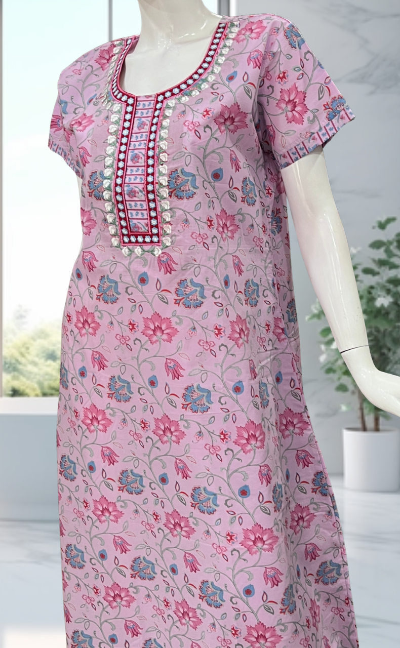 Pink Garden Pure Cotton Nighty. Pure Durable Cotton | Laces and Frills