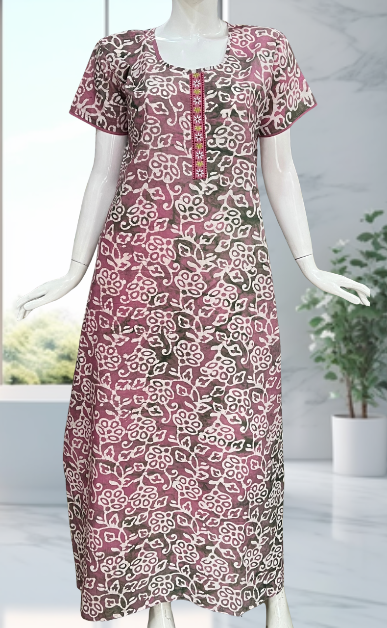 Pink/Green Batik Pure Cotton Nighty. Pure Durable Cotton | Laces and Frills