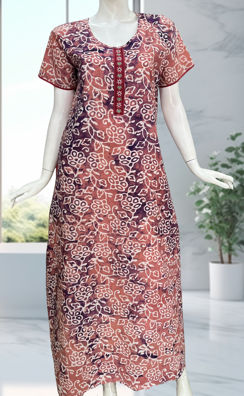 Peach/Purple Batik Pure Cotton Nighty. Pure Durable Cotton | Laces and Frills