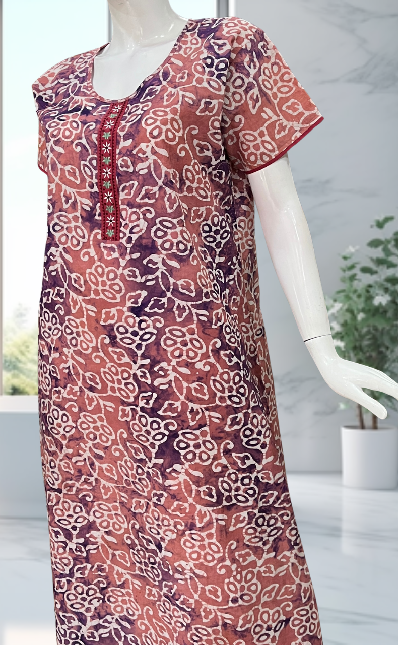 Peach/Purple Batik Pure Cotton Nighty. Pure Durable Cotton | Laces and Frills