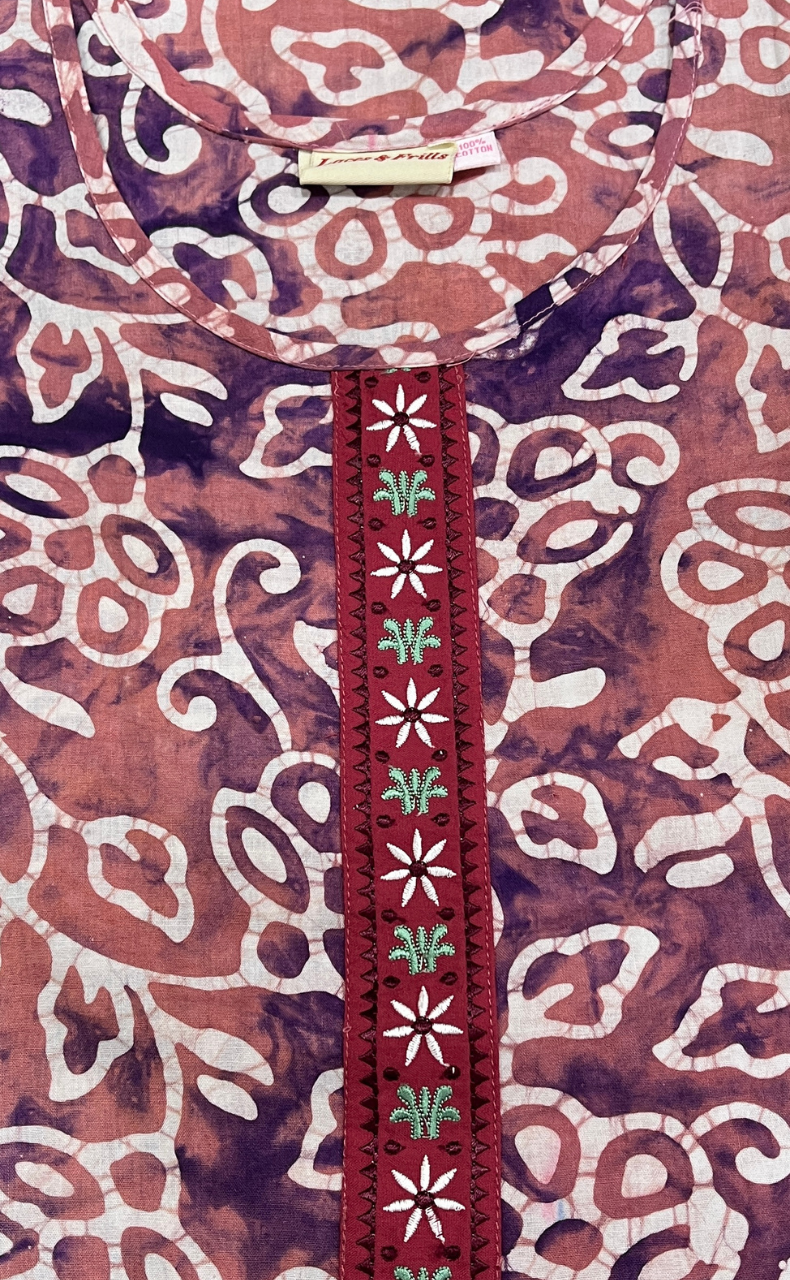 Peach/Purple Batik Pure Cotton Nighty. Pure Durable Cotton | Laces and Frills