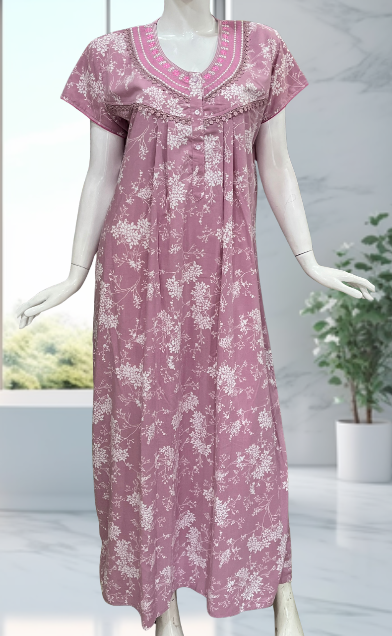 Light Pink Floral Crushed Soft Cotton Nighty. Soft Breathable Fabric | Laces and Frills