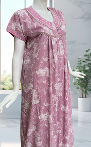 Light Pink Floral Crushed Soft Cotton Nighty. Soft Breathable Fabric | Laces and Frills