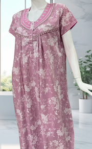 Light Pink Floral Crushed Soft Cotton Nighty. Soft Breathable Fabric | Laces and Frills