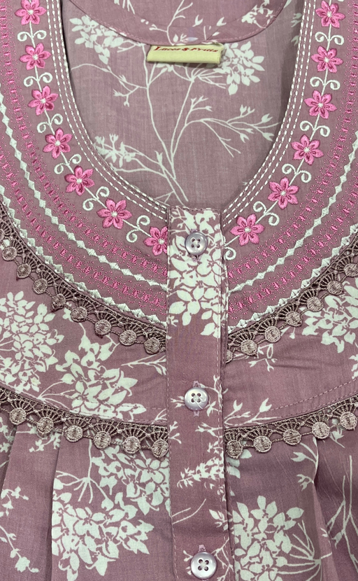 Light Pink Floral Crushed Soft Cotton Nighty. Soft Breathable Fabric | Laces and Frills