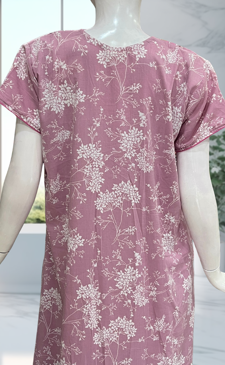 Light Pink Floral Crushed Soft Cotton Nighty. Soft Breathable Fabric | Laces and Frills