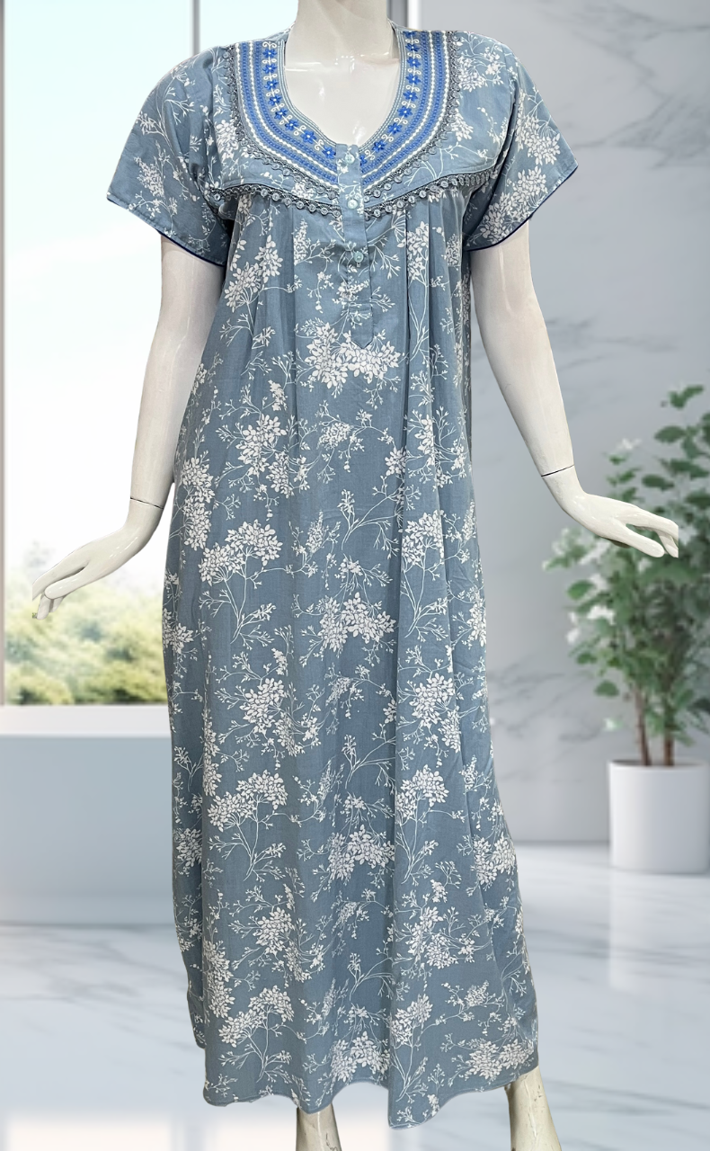 Light Blue Floral Crushed Soft Cotton Nighty. Soft Breathable Fabric | Laces and Frills