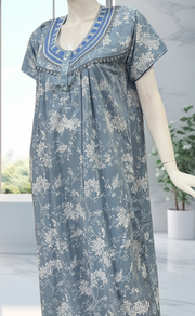 Light Blue Floral Crushed Soft Cotton Nighty. Soft Breathable Fabric | Laces and Frills