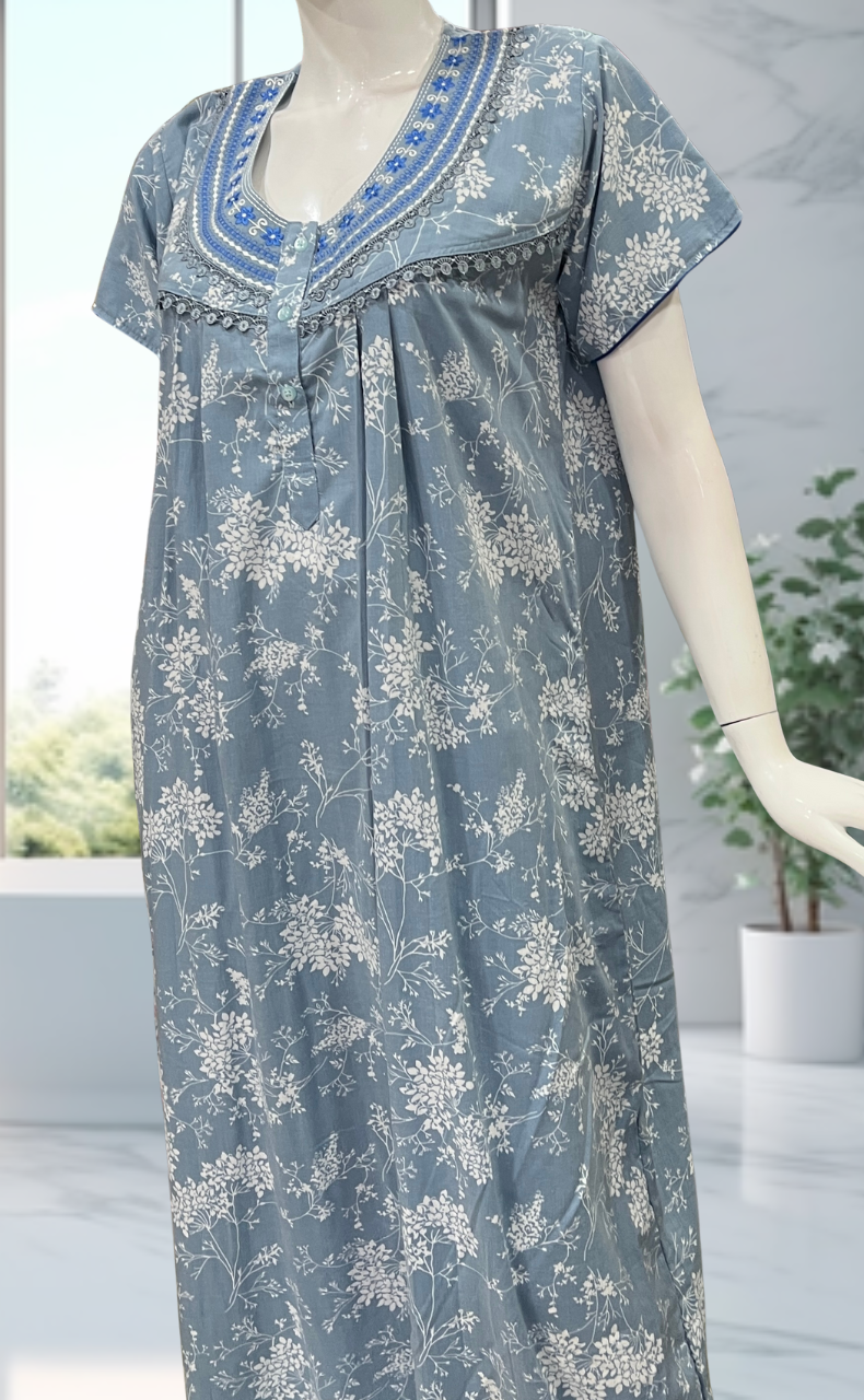 Light Blue Floral Crushed Soft Cotton Nighty. Soft Breathable Fabric | Laces and Frills
