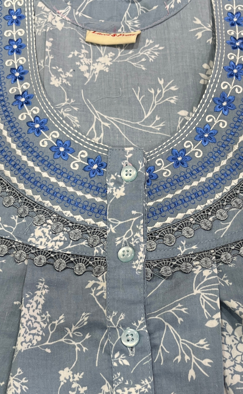Light Blue Floral Crushed Soft Cotton Nighty. Soft Breathable Fabric | Laces and Frills