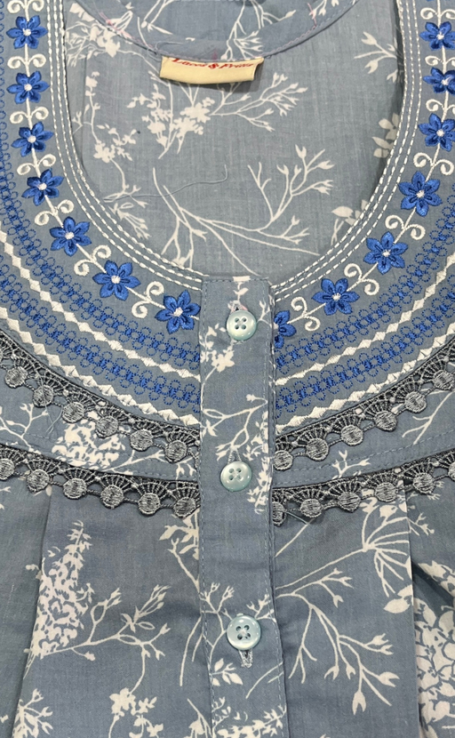 Light Blue Floral Crushed Soft Cotton Nighty. Soft Breathable Fabric | Laces and Frills