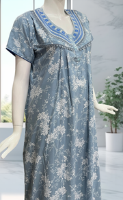 Light Blue Floral Crushed Soft Cotton Nighty. Soft Breathable Fabric | Laces and Frills