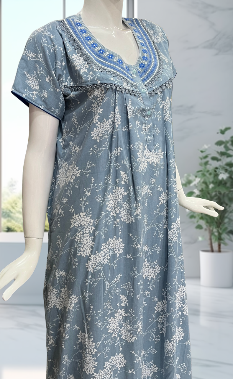 Light Blue Floral Crushed Soft Cotton Nighty. Soft Breathable Fabric | Laces and Frills