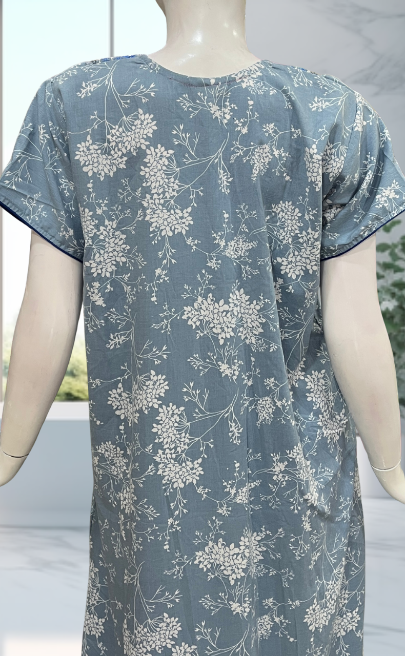 Light Blue Floral Crushed Soft Cotton Nighty. Soft Breathable Fabric | Laces and Frills