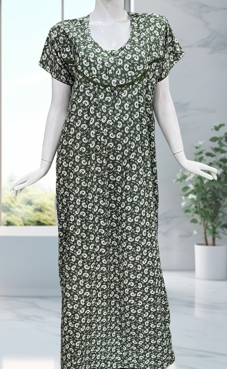 Pista Green Paisley Print Rayon Nighty. Flowy Rayon Fabric | Laces and Frills
