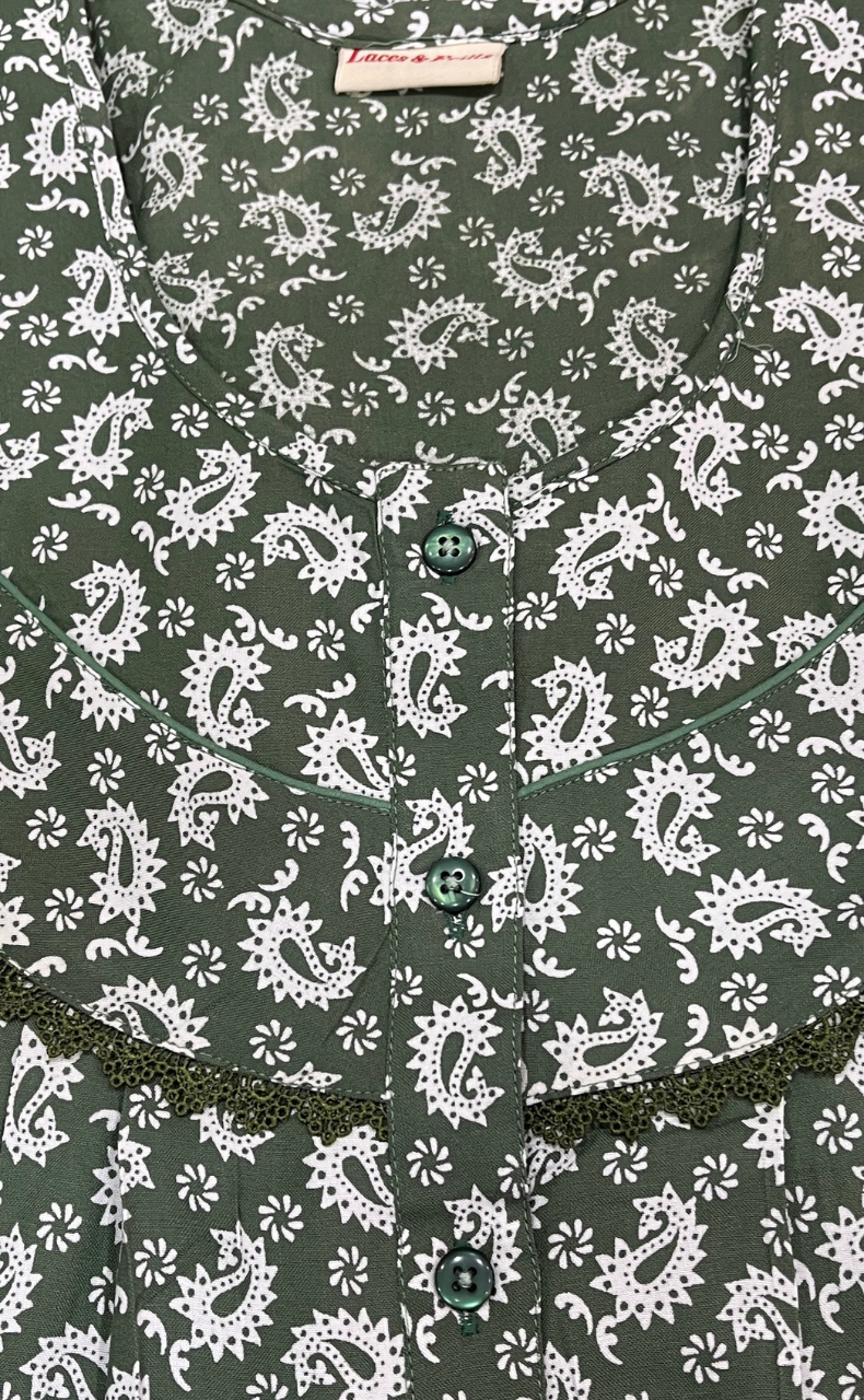 Pista Green Paisley Print Rayon Nighty. Flowy Rayon Fabric | Laces and Frills