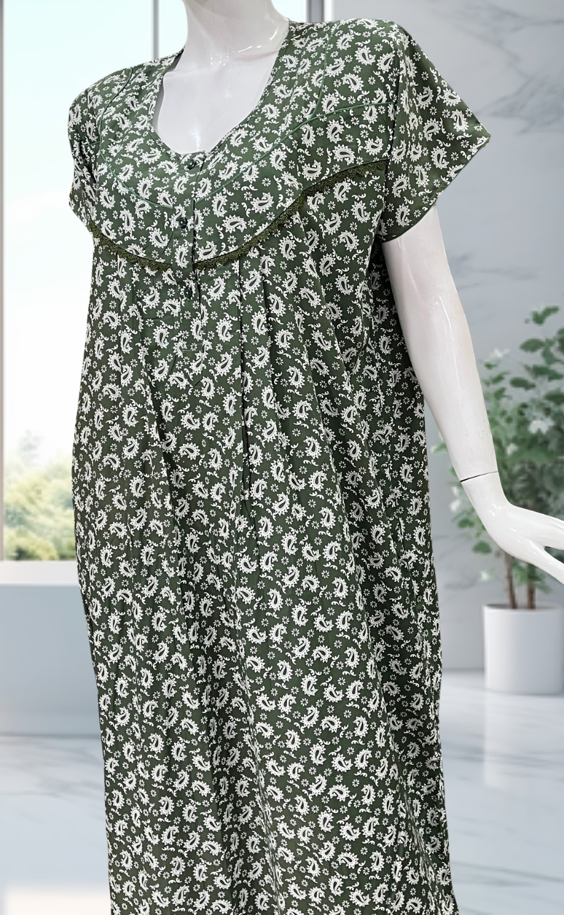 Pista Green Paisley Print Rayon Nighty. Flowy Rayon Fabric | Laces and Frills