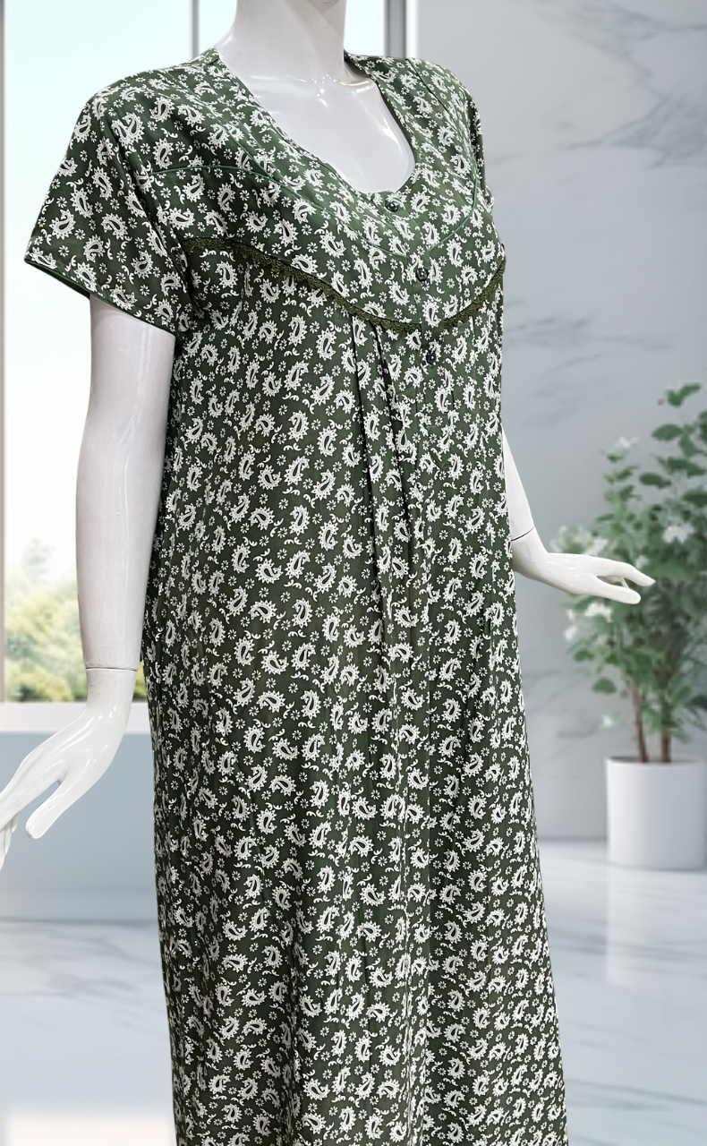 Pista Green Paisley Print Rayon Nighty. Flowy Rayon Fabric | Laces and Frills