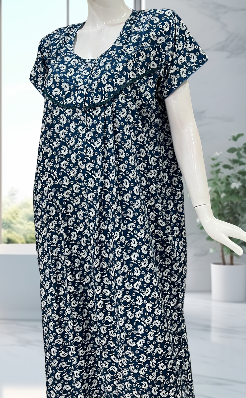 Blue Paisley Print Rayon Nighty. Flowy Rayon Fabric | Laces and Frills